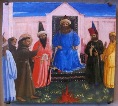De Vuurproef, Franciscus biedt aan door het vuur te gaan om de Sultan van Egypte te bekeren (Legenda maior, IX, 8) door Fra Angelico
