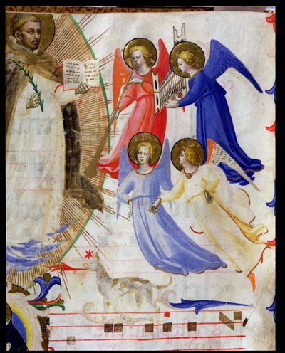 ds 558 f.67v Sint-Dominicus met vier muzikale engelen, uit een graduale van San Marco e Cenacoli (detail) door Fra Angelico
