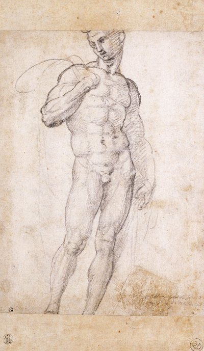 Een naakte man die een cape over zijn schouders houdt door Fra Bartolomeo