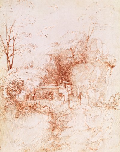 Rotsachtig landschap met klooster door Fra Bartolomeo