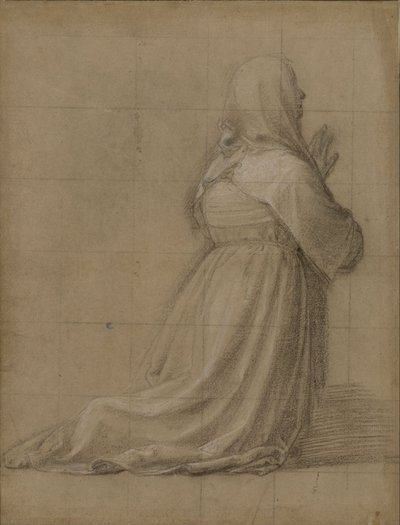 Vrouw knielend in gebed, gezien van achteren (studie voor de figuur van de heilige Catharina) door Fra Bartolomeo