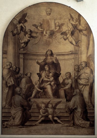 Altaarstuk van de Grote Raad met Sint-Anna, de Maagd en de kinderen Jezus en Sint-Jan de Doper omringd door Heiligen door Fra Bartolommeo