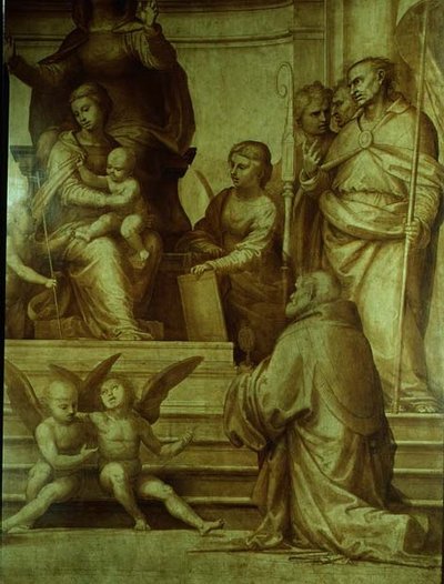 Het Grote Raad Altaarstuk, detail (heiligen verzameld aan de linkerzijde van de Maagd), 1510 door Fra Bartolommeo