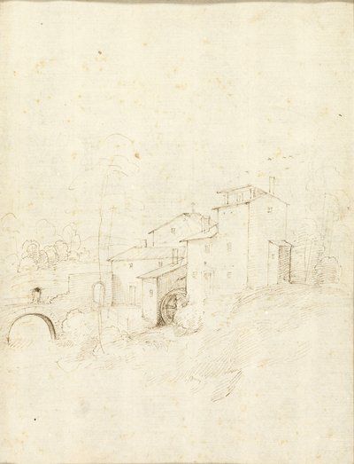 Watermolen met Figuren op een Gebogen Brug door Fra Bartolommeo