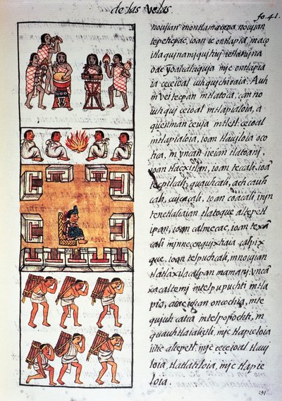 Azteekse samenleving, muzikanten, koning en kooplieden, tekst in Nahuatl, uit facsimile van manuscript Algemene Geschiedenis van de Dingen van Nieuw-Spanje, ook bekend als Florentijnse Codex, door Bernardino de Sahagun door Fra Bernadino da Sahagun