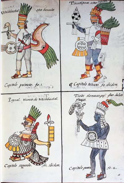 Gods van de oude Mexicanen, Huitzilopochtli, Tezcatlipoca, Tlaloc en Paynal, tekst in het Spaans, uit facsimile van manuscript Algemene Geschiedenis van de Dingen van Nieuw-Spanje door Fra Bernadino da Sahagun