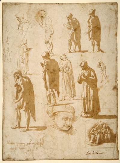 Studies van mannelijke figuren, naakt en gekleed, inclusief twee in monnikskledij door Fra Diamante