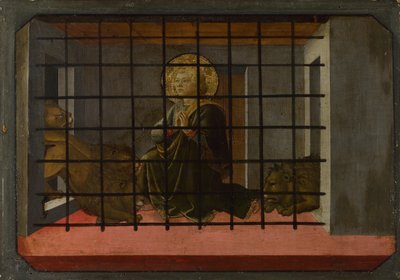 Sint Mamas in de gevangenis geworpen voor de leeuwen Predella Paneel van het Pistoia Santa Trinità Altaarstuk, 1455-1460 door Fra Filippo Lippi