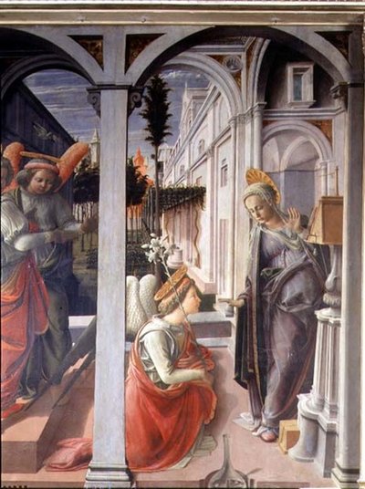 De Annunciatie, detail (Engel Gabriel en Maagd Maria) door Fra Filippo Lippi