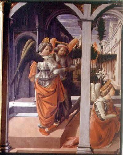 De Aankondiging, detail van de twee engelen door Fra Filippo Lippi