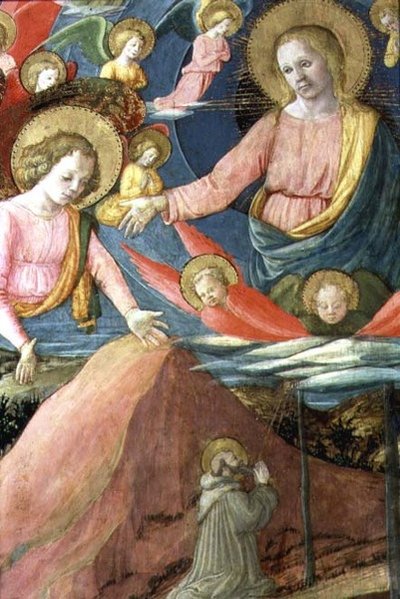 De dood van St. Hiëronymus met Inghirami als schenker, detail met de hemelse schare en engelen, 1459-60 door Fra Filippo Lippi