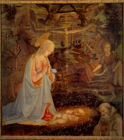 De Maagd, het Kind Jezus, Sint Jan de Doper Kind en Sint Bernardus van Clairvaux (San Bernardo di Chiaravalle) (1090 - 1153) (detail) door Fra Filippo Lippi
