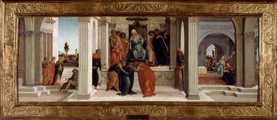 Drie scènes uit het verhaal van Esther: Mardochee treurt, Esther valt flauw, Aman smeekt om genade door Fra Filippo Lippi