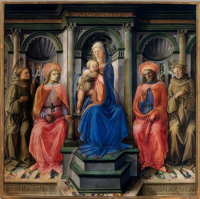 Troonende Maria met kind en de heiligen Franciscus van Assisi, Damianus, Cosmas en Antonius van Padua door Fra Filippo Lippi