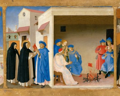 Het geschil van Sint Dominicus en het wonder van het boek Predella van het retabel De kroning van door Fra Giovanni Angelico da Fiesole