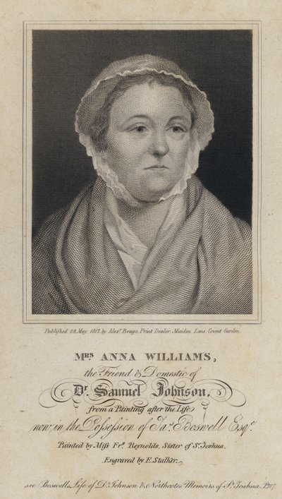 Anna Williams, Welshe dichter en vriend van Engelse schrijver Samuel Johnson (gravure) door Frances (after) Reynolds