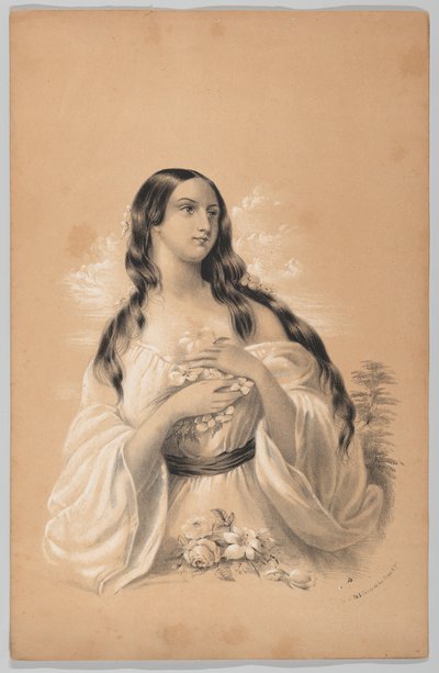 Vrouw die Bloemen Vasthoudt, in The New York Drawing Book, Containing a Series of Original Designs, 1847 door Frances Flora Bond Palmer