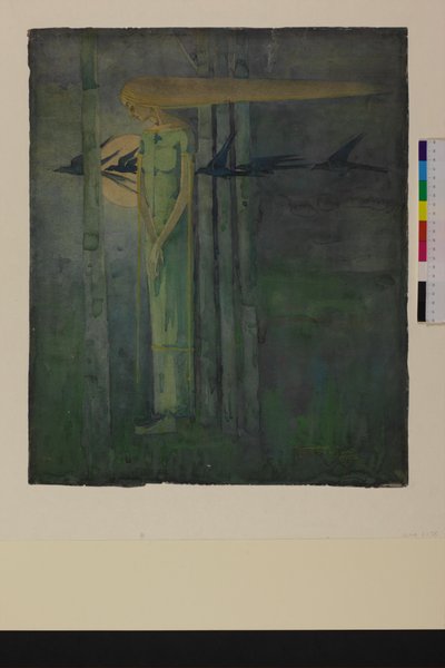 "Onheilspellend", of, "Meisje in de oostenwind met raven die langs de maan vliegen" 1893 door Frances Macdonald