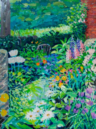 Engelse landelijke tuin, 2018 (acrylverf op doek) door Frances Naggs