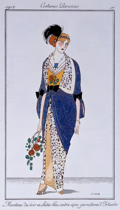 Parijse kostuums: asblauwe satijnen avondjas met Ierse afwerking. Getekend door Francisco Javier Gose (1876-1915) door Francesc Xavier Gosé