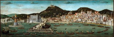 Tavola Strozzi: de terugkeer van de Aragonese vloot, zegevierend in de slag bij Ischia in 1465 door Francesco (attr.) Rosselli