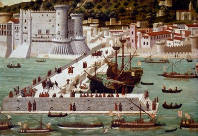 De haven en de stad Napels: de triomfantelijke vloot van Ferdinand van Aragon keert terug na hun overwinning in de slag bij het eiland Ischia, 6 juli door Francesco (attr.) Rosselli