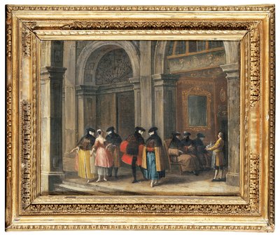Gemaskerde figuren die koffie drinken in de Caffè Florian, Venetië door Francesco (attr. to) Guardi