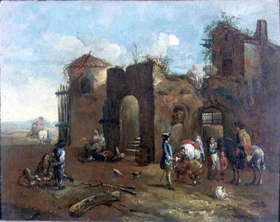 Reizigers gestopt bij een landelijke hoefsmid door Francesco (circle of) Simonini