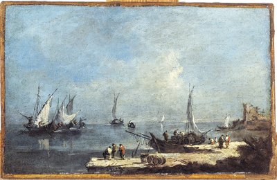 Uitzicht op een haven aan de lagune door Francesco (school of) Guardi