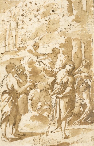 Jozef vertelt zijn droom aan zijn vader en broers en wijst naar elf sterren aan de hemel door Francesco Albani