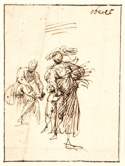 Schets van een vrouw die loopt met een kind aan haar zijde en een zittend figuur erachter door Francesco Allegrini