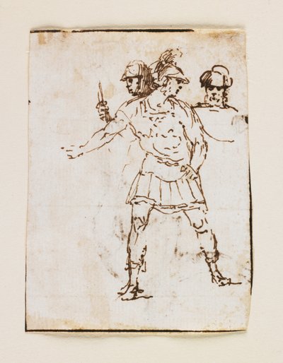 Studie van twee Romeinse soldaten en een bebaarde figuur (recto); Studie van een bebaarde man die met een stok loopt (verso) door Francesco Allegrini