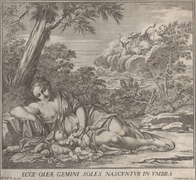 Latona en haar slapende tweelingen, Apollo en Diana, in een landschap door Francesco Antonio Meloni