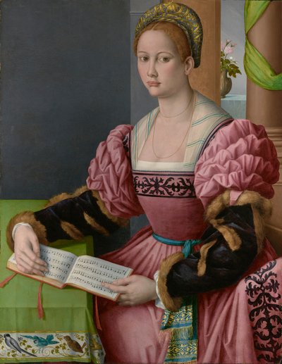 Portret van een vrouw met een muziekboek door Francesco Ubertini Bacchiacca
