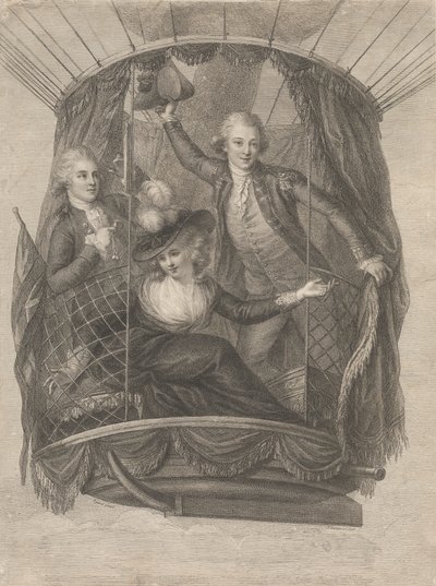 Ascensie van Madame Sage, Chevalier Biggin en Kapitein Vincent Lunardi in een luchtballon, 20 juni 1785 door Francesco Bartolozzi
