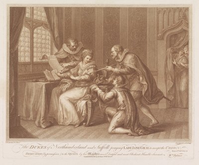 Hertogen van Northumberland en Suffolk vragen Lady Jane Grey de kroon te aanvaarden door Francesco Bartolozzi