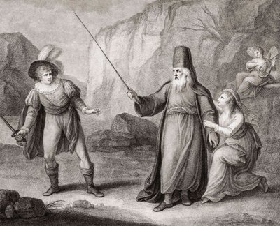 Prospero ontwapent Ferdinand. Shakespeare. De Storm (gravure) door Francesco Bartolozzi