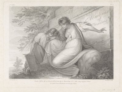 Titelprent met twee figuren met een tekening in een landschap door Francesco Bartolozzi