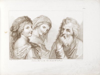 Twee jonge vrouwen en een oude man door Francesco Bartolozzi