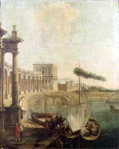 Een capriccio, haven met figuren die een veerboot laden door Francesco Battaglioli