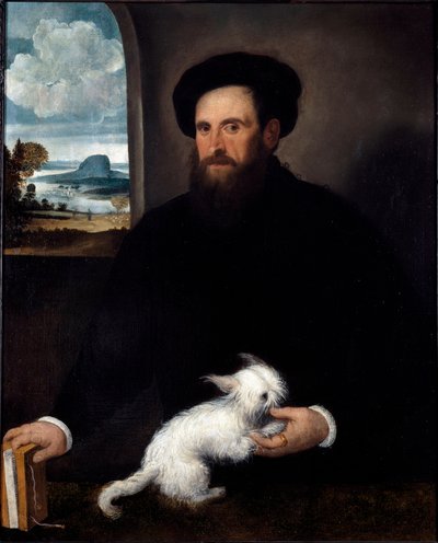 Portret van de heer met de kleine hond door Francesco Beccaruzzi