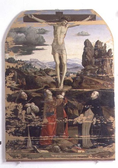 Kruisiging met St. Dominicus, St. Maria Magdalena en St. Petrus Martyr door Francesco Bianchi Ferrari
