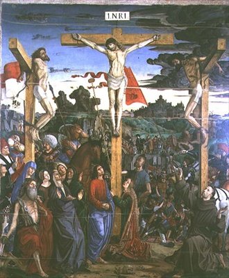 Kruisiging met St. Hiëronymus en St. Franciscus door Francesco Bianchi Ferrari