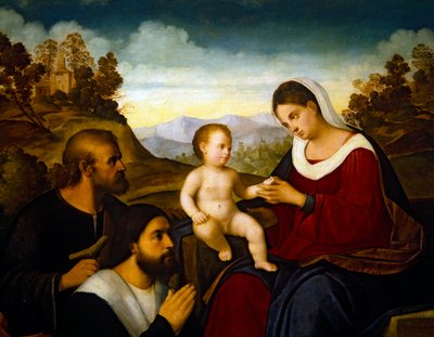 Heilige Familie met een schenker, begin 1520s door Francesco Bissolo