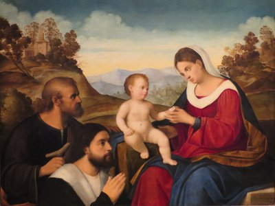 De Heilige Familie met een schenker in een landschap door Francesco Bissolo