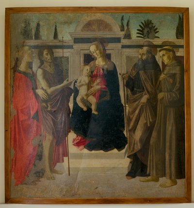 Madonna en Kind met Maria Magdalena, Johannes de Doper, St Zenobius en St Franciscus door Francesco Botticini
