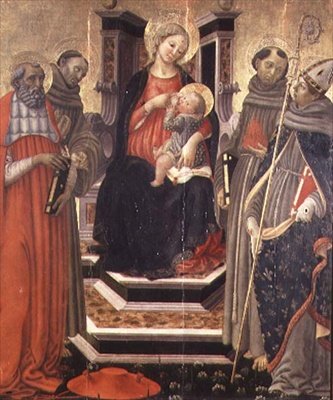 Madonna en Kind met SS. Hiëronymus, Franciscus van Assisi, Antonius van Padua en Lodewijk van Toulouse door Francesco Botticini