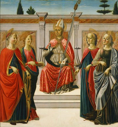 Sint Nicolaas en de heiligen Catharina, Lucia, Margaretha en Apollonia door Francesco Botticini