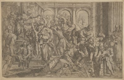 Sint Rochus links die aalmoezen uitdeelt aan een groep mensen om hem heen, na A..., ca. 1607 door Francesco Brizio