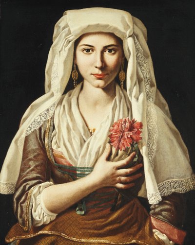 Portret van een jonge vrouw, driekwart lengte, met een anjer door Francesco Cozza